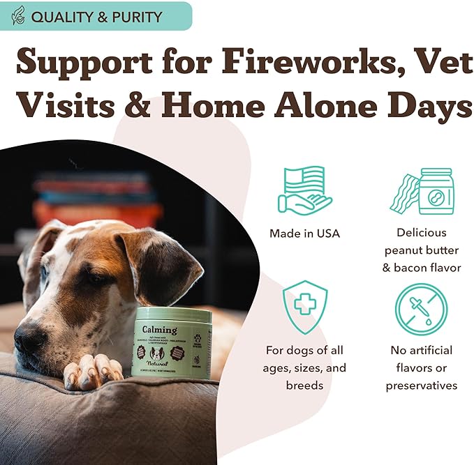 Natural Dog Company Calming Chews for Dogs, Stress & Anxiety Relief Supplement with Chamomile, Valerian Root & Melatonin, Natural Soothing Chews for Travel, Thunder, Fireworks & Separation (90 cnt)-Mewly Pet