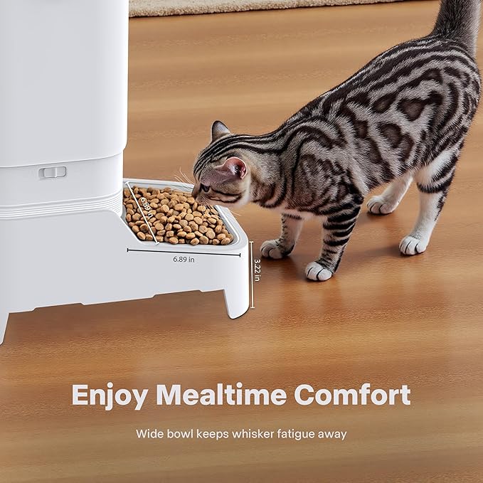 Automatic Cat Feeders, 7L/29 Cups Automatic Dog Feeder, Cat Food Dispenser, No-Jam Rotor, Up to 6 Meals for 2-15 mm Dry Food, with Elevated Stand, Stainless Steel Bowl-Mewly Pet