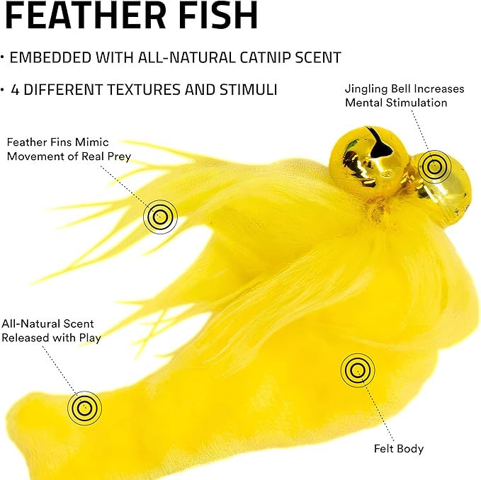 Playology Cat Toy Set | 5-Pack Feather Fish | Interactive Feather Toys for Cats | Stimulating Playtime Fun-Mewly Pet