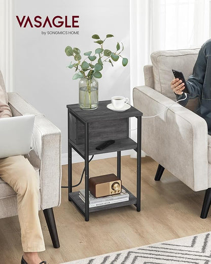 VASAGLE Side Table with Charging Station, 3-Tier End Table with USB Ports and Outlets, Nightstand for Living Room, Bedroom, 11.8 x 13.4 x 22.8 Inches, Plug-in Series, Misty Gray and Black