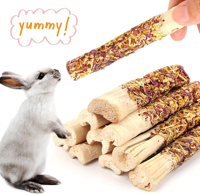 Abizoo Natural Rabbit Chew Toys,10 Sticks Sweet Bamboo Sticks for Rabbits with Petals,Bunny Chew Toys for Guinea Pig,Chinchilla,Hamster Treats Pet Wood Chews Snack Healthy Small Animals Toys for Teeth-Mewly Pet