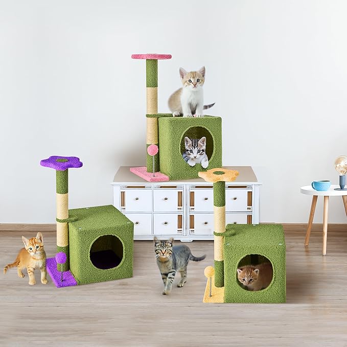 24 Inch Cat Tree Condo for Indoor Cats with Floral Sisal Scratching Post, Plush Hang Ball Play Furniture for Kittens Cats, Pink-Mewly Pet