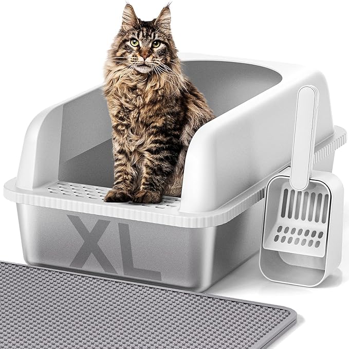 Stainless Steel Cat Litter Box with Lid, 24" L x 16" W x 11.8" H, Extra Large Litter Box for Big Cats with High Sided, Anti-Urine Leakage, Easy Cleaning, Include Cat Mat and Scoop-Mewly Pet