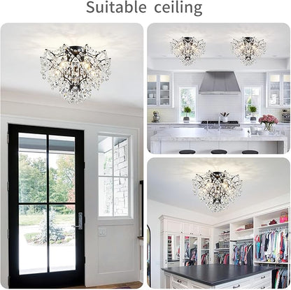 WUZUPS 5-Light Crystal Chandelier Flushmount Ceiling Light Modern Lighting Fixture for Bedroom Hallway Bar Kitchen Bathroom, H 12" W 15.4", E12 Base, Black