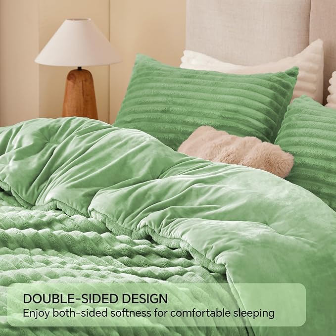 BEDELITE Fleece California King Comforter Set -Super Soft & Warm Fluffy Green Bedding, Luxury Fuzzy Heavy Bed Set for Winter with 2 Pillow Cases