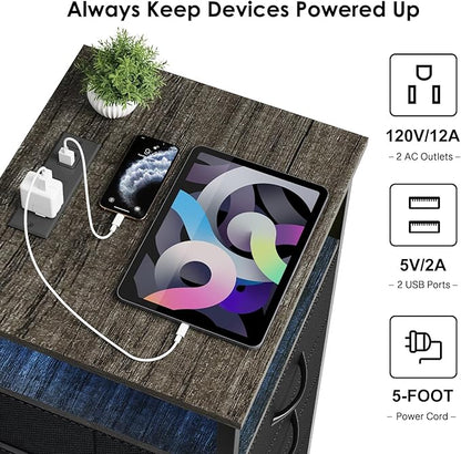 Fixwal Night Stand with Charging Station, LED Nightstand with U-S-B Ports and Outlets, 3 Fabric Storage Drawers with PU Finish, Bed Side Table, Charcoal Gray