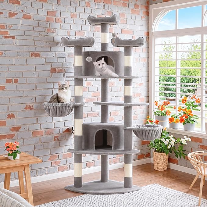 SHA CERLIN 73" Space-Saving Cat Tree/Multi-Level Tall Cat Tower with Perches/Scratching Posts/Condo & Hanging Baskets/Modern Fan-Shaped Design for Indoor Kitties/Pet Activity House/Grey-Mewly Pet