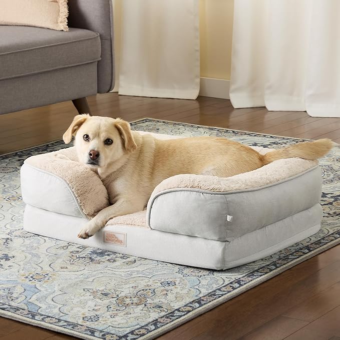 TOWN & COUNTRY EVERYDAY CuddleTown Comfy Solid Bolster Sofa Pet Bed, Supportive & Calming Egg Crate Foam, Non-Slip Bottom, Machine Washable Cover, Grey, Medium 28"x23"x8"-Mewly Pet