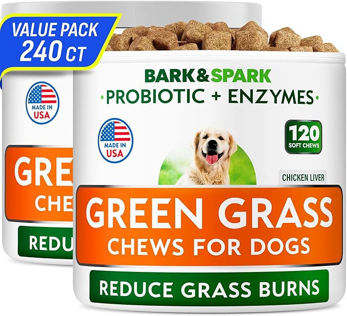 BARK&SPARK Green Grass Chews - Pee Grass Spot Saver Caused by Dog Urine - Urine Neutralizer for Lawn, Gut Health Probiotics & Digestive Enzymes,Lawn Burn from Dog Urine, Grass Burn Spot Chews (240Ct)-Mewly Pet
