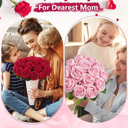 BLEUM CADE 50 Pcs Red Roses Artificial Flowers, Real Touch Velvet Roses Fake Flowers Bulk, Artificial Roses Bouquet with Long Stems Bridal DIY Wedding Party Centerpiece Decorations