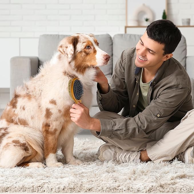 TAKAVU Short Hair Dog & Cat Deshedding Brush - Double Sided Grooming Tool with Silicone Massage & Bristle Sides - Removes Loose Fur & Dirt - Wood Handle-Mewly Pet