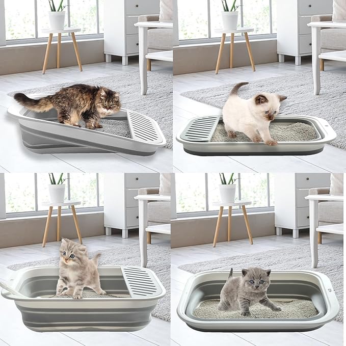 Low Entry Kitten Litter Box, Collapsible Shallow Litter Box Senior Cats Anti-Splashing Kitty Training Open Potty Pan Scoop Leak-Proof Pedal Cat Toilet No Smell Easy Clean-Mewly Pet