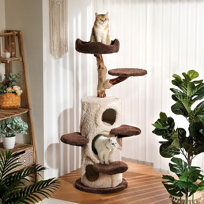 Luxury Treehouse Cat Tree for Indoor Large Cats,54.7'' Tall Modern Wood Cat Tower with 3 Level House,4*Cozy Perch,1*Soft Viewing Bed,Heavy Duty Wide Base,Sisal Scratching Post (54.7inch)-Mewly Pet