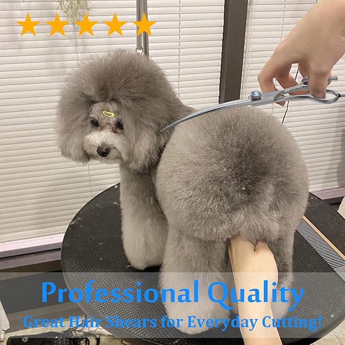 JASON 7" Curved Dog Grooming Scissors, Ergonomic Pets Cats Trimming Shears with Offset Handle and a Jewelled Screw for Right Handed Groomers, Sharp, Comfortable-Mewly Pet