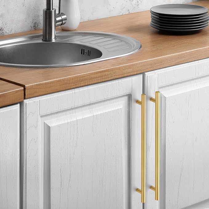 JOY DECOR 45 Pack Cabinet Handles, Gold Cabinet Pulls, 10 in Hole Center Kitchen Cabinet Handles, Stainless Steel T Bar Handles for Dresser Drawers