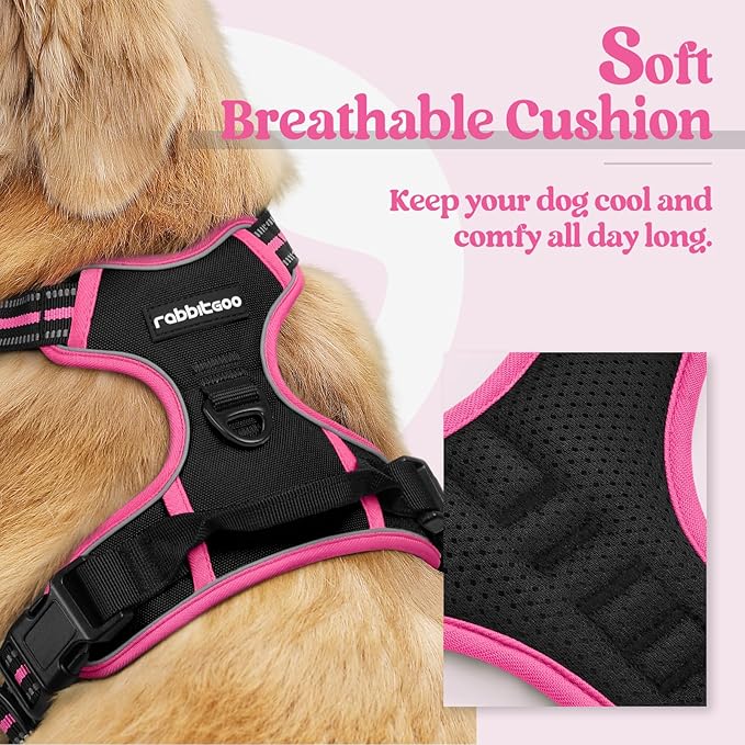 rabbitgoo Dog Harness No Pull with 2 Leash Clips, Adjustable Soft Padded, Reflective Oxford No Choke Pet Vest with Easy Control Handle for Large Dogs, Black & Hot Pink, M-Mewly Pet