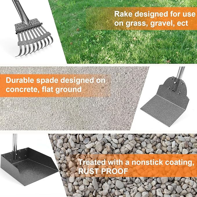 Dog Pooper Scooper, Adjustable Handle Poop Scooper with Tray,Rake and Spade Set of 3, Steel Stainless Poop Scoop for Medium Large Dogs and Pet Waste on Grass, Dirt and Gravel (Large Size)-Mewly Pet