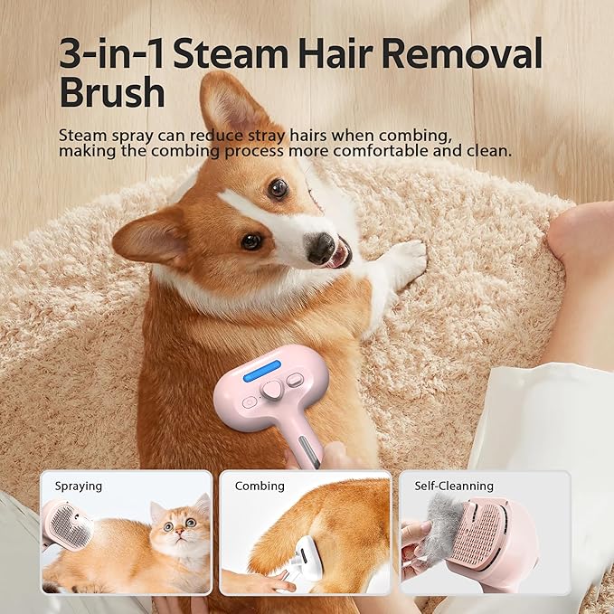 Pet Grooming Brush with Electronic Mist Spray - Gentle Deshedding Tool for Cats & Dogs, Pet Steam Brush，Reduces Shedding, Soft Bristles, Promotes Healthy Coat-Comes with a hair smoothing comb-Red-Mewly Pet
