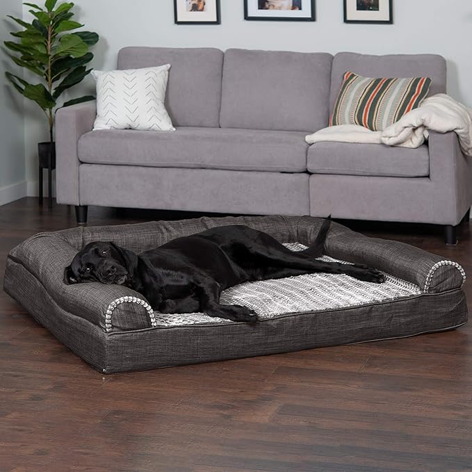 Furhaven Orthopedic Dog Bed for Large Dogs w/ Removable Bolsters & Washable Cover, For Dogs Up to 125 lbs - Luxe Faux Fur & Performance Linen Sofa - Charcoal, Jumbo Plus/XXL-Mewly Pet