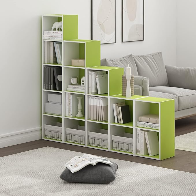 Furinno PASIR Book Shelf, 5-Tier Modern Bookshelf, Open Shelves Bookcase 9" x 12" x 52", for Living Room, Bedroom, Home Office, Green/White