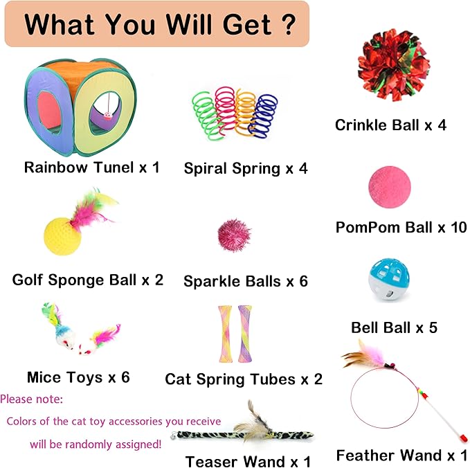 42pcs Interactive Cat Toys Kit - Multi-Activity Kitten Toy Set with Collapsible Tunnel, Feather Wand & Bell, Cat Balls Toys - Indoor Play Enrichment Supplies for Adult Cats & Kittens-Mewly Pet
