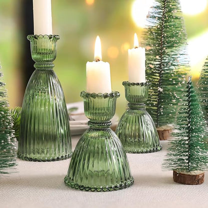 6 Pcs Green Glass Candlestick Holder (3.5"/6", Assorted)- Tall Taper Candle Holders with Vintage Design, Candle Stick Holders in Bulk for Party Decorations, Green Candle Holder for Tapered Candles