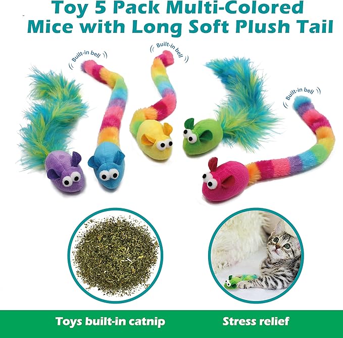 5 Pack Interactive Catnip and Feather Cat Toys, Multi-Colored Mice with Long Feather Tail, Accessories for Indoor Cat, Catnip Plush Toys with Natural Feathers and Rattles-Mewly Pet