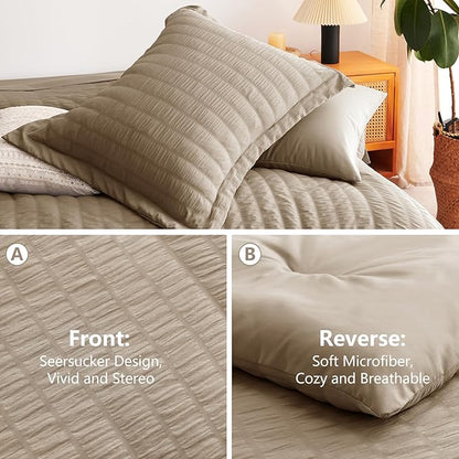 CozyLux Full Size Comforter Sets with Sheets Seersucker 7 Pieces Taupe Bed in a Bag Textured Luxury Soft Bedding Set with Down Alternative Comforter, Sheets, Pillowcases & Shams for All Seasons