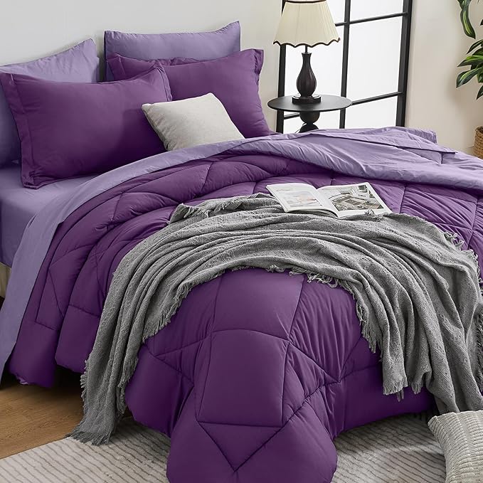 HEVUMYI Purple & Light Purple Full Comforter Set - 7-Piece All Season Bed in a Bag Full, Ultra Soft Bedding Set with Comforter, Flat Sheet, Fitted Sheet, Pillowcases, Pillow Shams