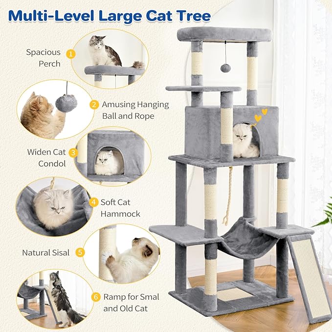 Cat Tree Tower 63in Multi-Level Cat Tower for Indoor Cats with Sisal Scratching Posts, Condo, Hammock, Dangling Ball and Extended Platform for Cats to Play, Light Grey-Mewly Pet