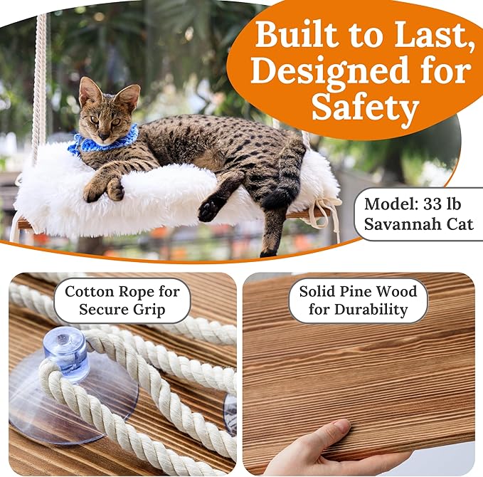 Cat Window Perch for Large Cats - Hammock Bed for Heavy Indoor Cats - Solid Wood Seat, 5 Strong Suction Cups, Soft Cushion - Rustic Shelf for Pets Inside-Mewly Pet