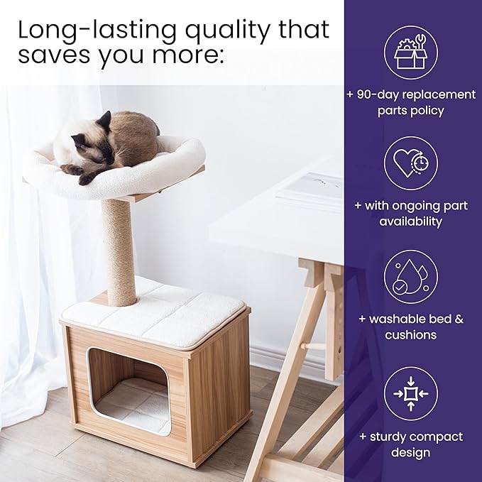 Catry 29.7" Tall 3 Level Laminated Wood Cat Tree with Large Base Condo, 2 Paded Steps, Natural Jute Scratching Post, Sturdy and Easy to Assemble for Small Cat, Brown-Mewly Pet