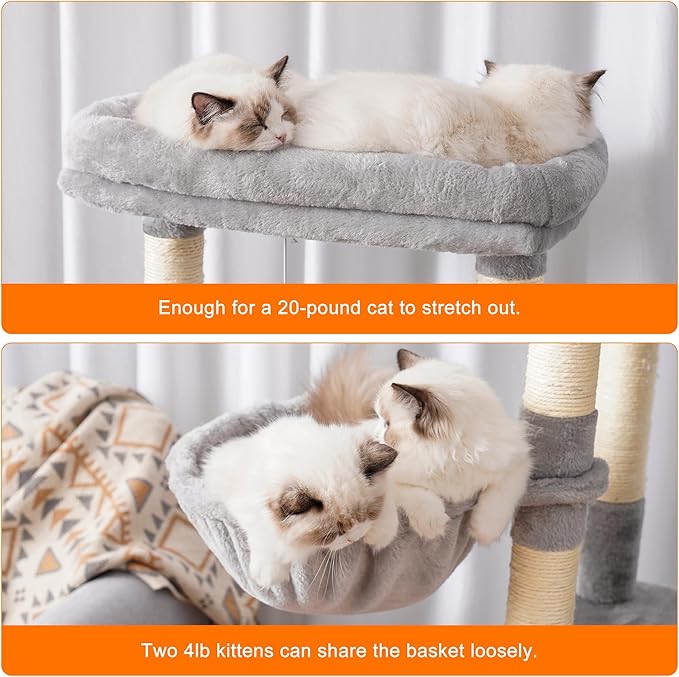 Heybly Cat Tree, 68 inch Multi-Level Cat Tower for Indoor Cats, 2 Widened Plush Perches Cat Condo with Scratching Board and Big Caves, Light Gray HCT025W-Mewly Pet