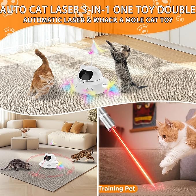 Cat Laser Toy,3-in-1Interactive Cat Toys Automatic Cat Toy with 360° Random Laser & Interactive Feather - 5 Laser PatternsUSB Rechargeable Motion Activated Moving - Fun Toys for Indoor Cats & Kittens-Mewly Pet