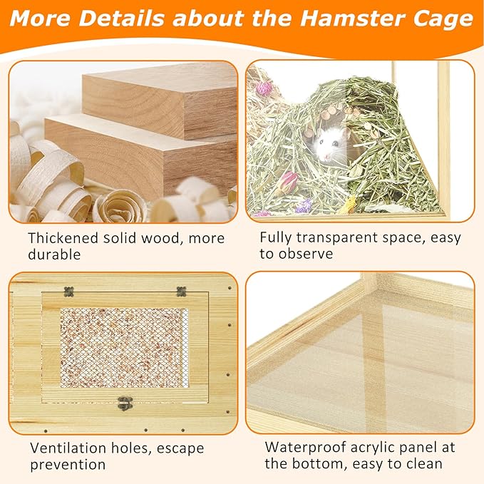 Large Hamster Cage 48", Front Opening Lockable Sliding Door Gerbil Cage, Dwarf Hamster Cage with Metal Mesh Roof, Chewproof Syrian Hamster Habitat Enclosure, (Wooden, 48" L x 20" W x 20" H)-Mewly Pet
