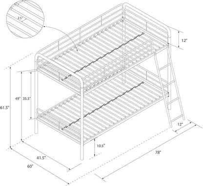 DHP Twin-Over-Twin Bunk Bed with Metal Frame and Ladder, Space-Saving Design, Silver Twin/Twin