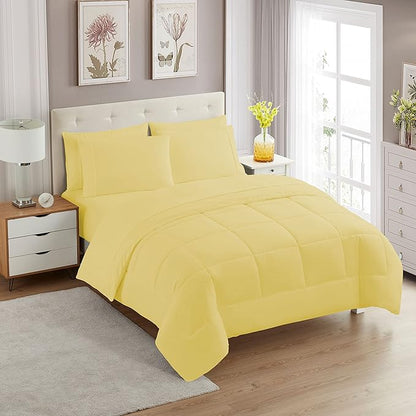 Sweet Home Collection 5 Piece Comforter Set Bag Solid Color All Season Soft Down Alternative Blanket & Luxurious Microfiber Bed Sheets, Yellow, Twin (Pack of 4)