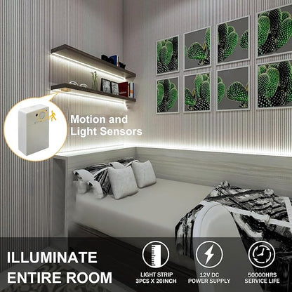 Battery Powered LED Strip Lights, COB Motion Sensor LED Strip Lights 20 inch x 3 Pack for Kitchen Under Cabinet Lighting, Shelves, Under Counter, Closet, Cordless Click Light, Cool White 6000K