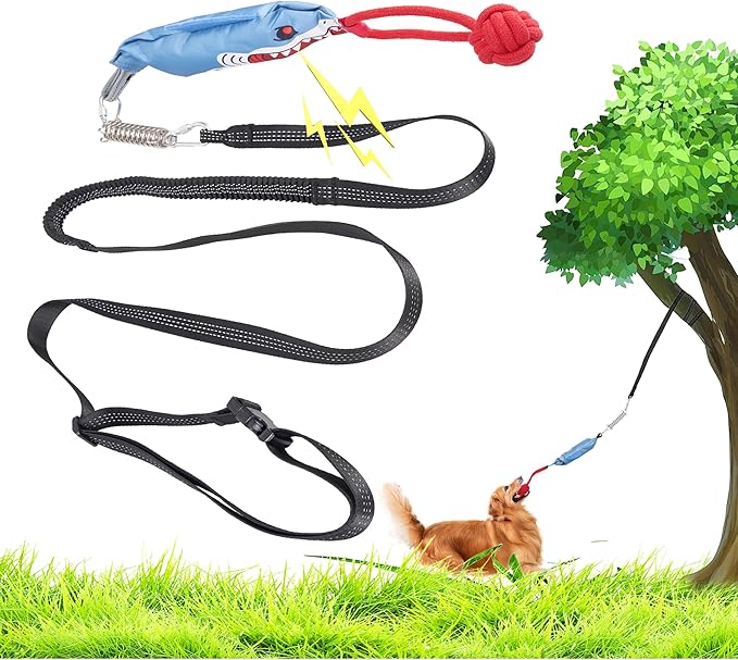 Dog Tree Tug of War Toy with Squeaky, Tethered Tug of War Outdoor Toy Self Play for Aggressive Chewers, Durable Bungee Cord with Chew Ball-Mewly Pet