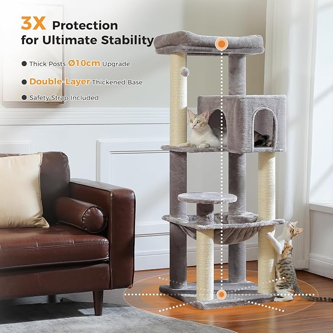 Large Cat Tree with Reinforced Scratching Posts (φ3.1in) for Big Adult Cats 30 lbs, 57.8" Heavy Duty Cat Tower with Larger Hammock and Condo, Cat Furniture for Maine Coon, Plush,Grey-Mewly Pet