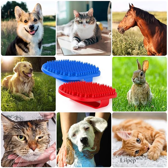 Lilpep Dog Bath Brush, Rubber Pet Shampoo Brush with Silicone Bristles for Massaging Grooming, Removing Short Haired Dogs Cats Shedding, Tangles and Dead Undercoat 2pcs (Blue+Red, plum brush)-Mewly Pet