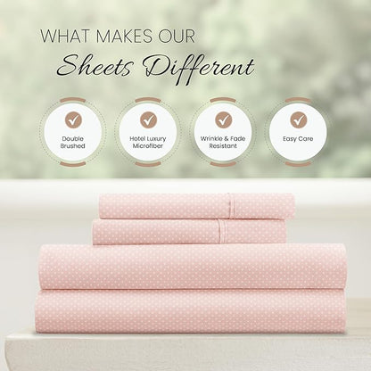 Linen Market Patterned Microfiber Full Sheet Set 4 Piece – Oeko-TEX Certified Ultra Soft & Wrinkle-Free - 16" Deep Pocket Sheets - Easy Care Full Size - My Heart Pink