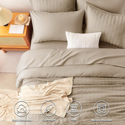 CozyLux King Size Comforter Set Taupe Seersucker 7 Pieces Bed in a Bag King Comforter Set with Sheets, Luxury Soft Bedding Set with Down Alternative Comforter, Sheets, Pillowcases & Shams All Seasons