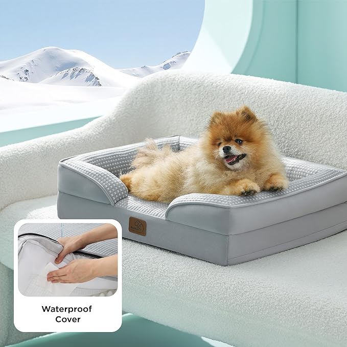 Bedsure Orthopedic Dog Beds for Small Dogs - Washable Small Dog Cat Bed Waterproof, Comfort Pet Couch Sofa with Washable Removable Cover, Pets Bed with Nonskid Bottom, Cooling Grey, 24"-Mewly Pet