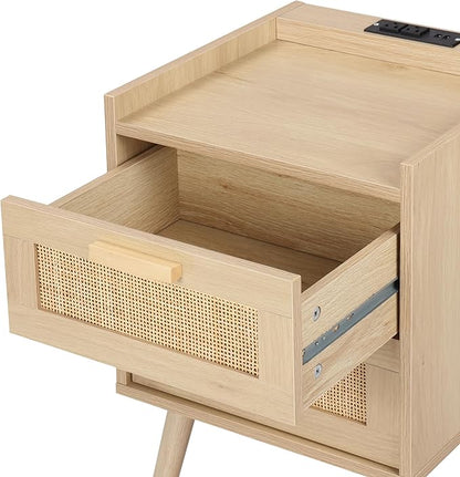 Finnhomy Nightstand with Charging Station, Bedside Table with 2 Hand Made Rattan Decorated Drawers, Night Stand with Storage for Bedroom, Natural