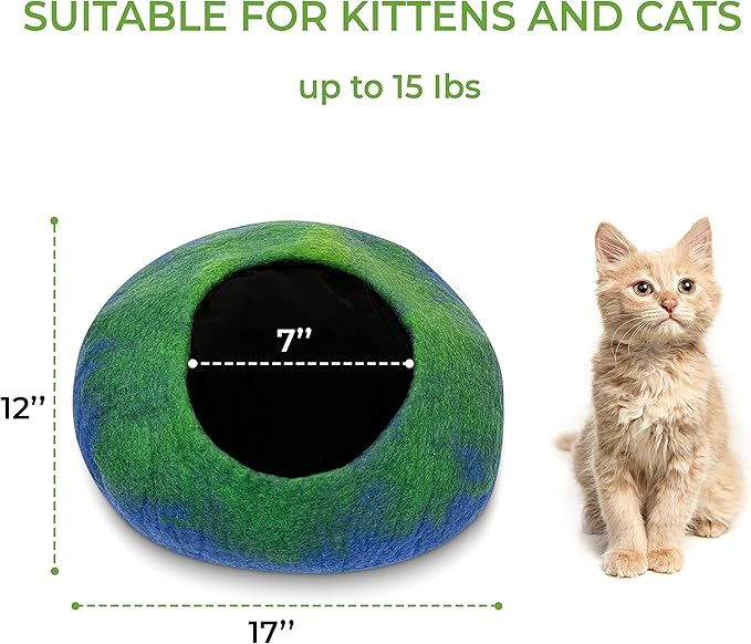 Woolygon Premium Felt Cat Cave Bed – Wool Kitty Beds Handcrafted Kitten Caves Bed for Indoor Cats - Made from 100% Eco-Friendly Merino Wool, Foldable Cat Hidewawy Covered Cat Houses (Emerald Indigo)-Mewly Pet