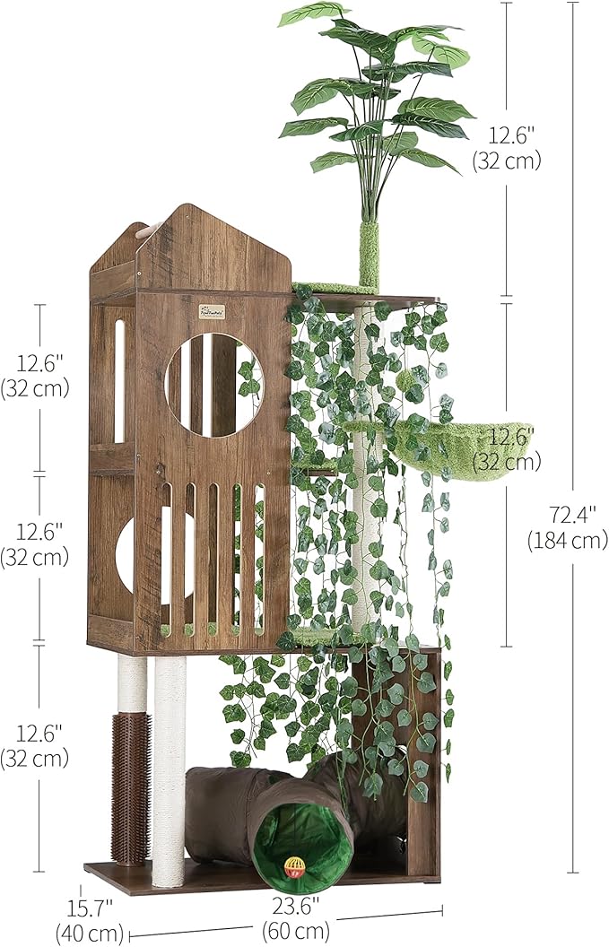 FourFurPets Large Cat Tree with Leaves, 72.8-Inch Cat Tower for Indoor Cats, Modern Cat Tree with Scratching Post, Large Perch, Tunnels, Swing Ball, Self Groomer, Greige-Mewly Pet