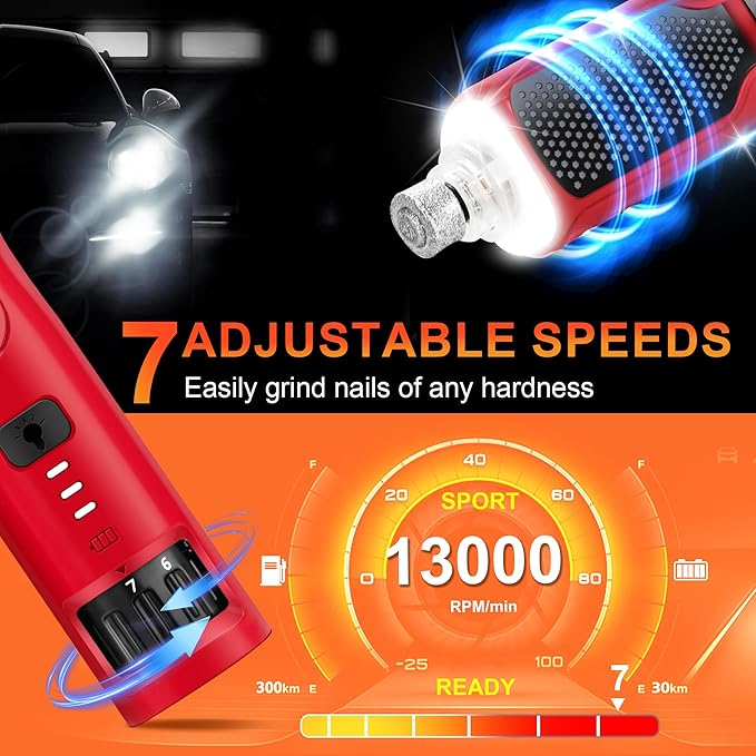 Dog Nail Grinder 7-Speed & 360° LED Light, Professional Pet Nail Grinder for Dogs and Cats, Electric Dog Nail Trimmer Painless Paws Grooming & Smoothing Tool for Large Medium Small Dogs Cats Pets-Mewly Pet