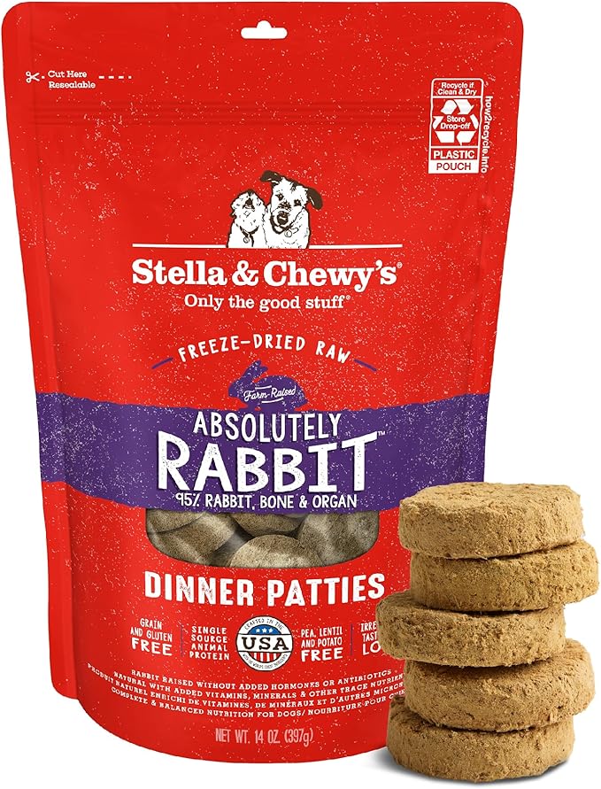 Stella & Chewy's Freeze-Dried Raw Dinner Patties - Absolutely Rabbit Recipe - High Protein Grain-Free Puppy & Dog Food - Perfect For Picky Eaters - 14 oz-Mewly Pet