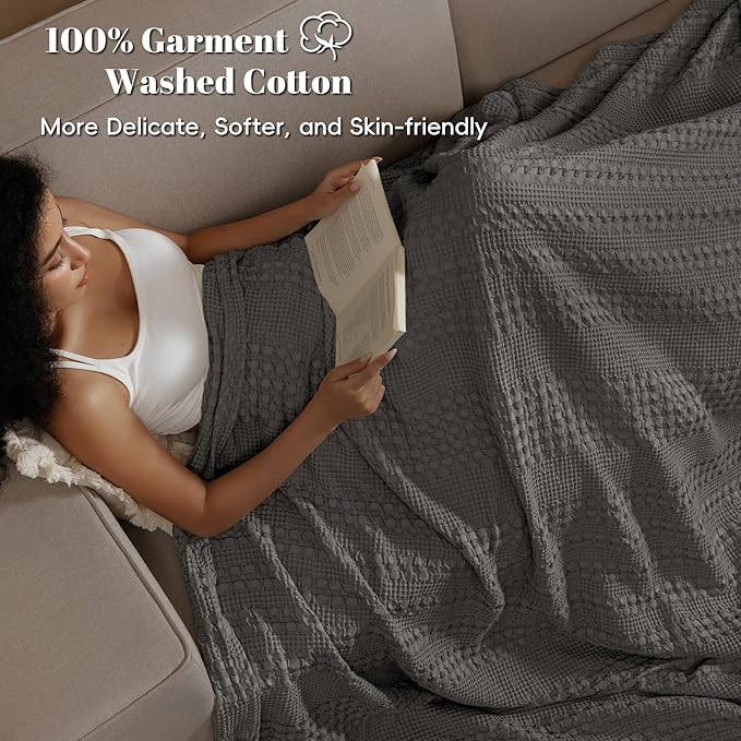 PHF 100% Cotton Waffle Weave Blanket Twin Size for Bed, Soft Lightweight & Breathable, All-Season Comfort, Luxury Aesthetic Woven Bedding for Home Decor, 66"x90", Charcoal Grey